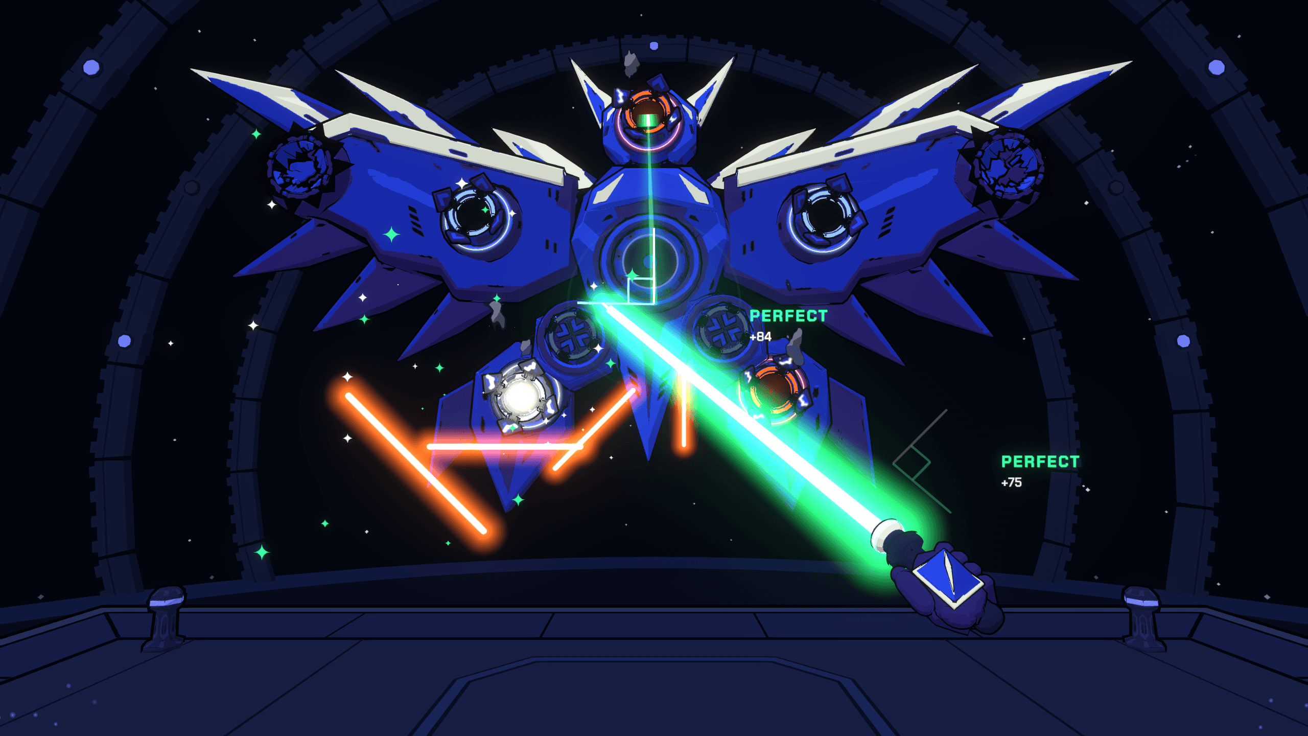 TRIAD, a blue winged mech, fires orange bolts as a green blade lands a PERFECT cut at its heart.
